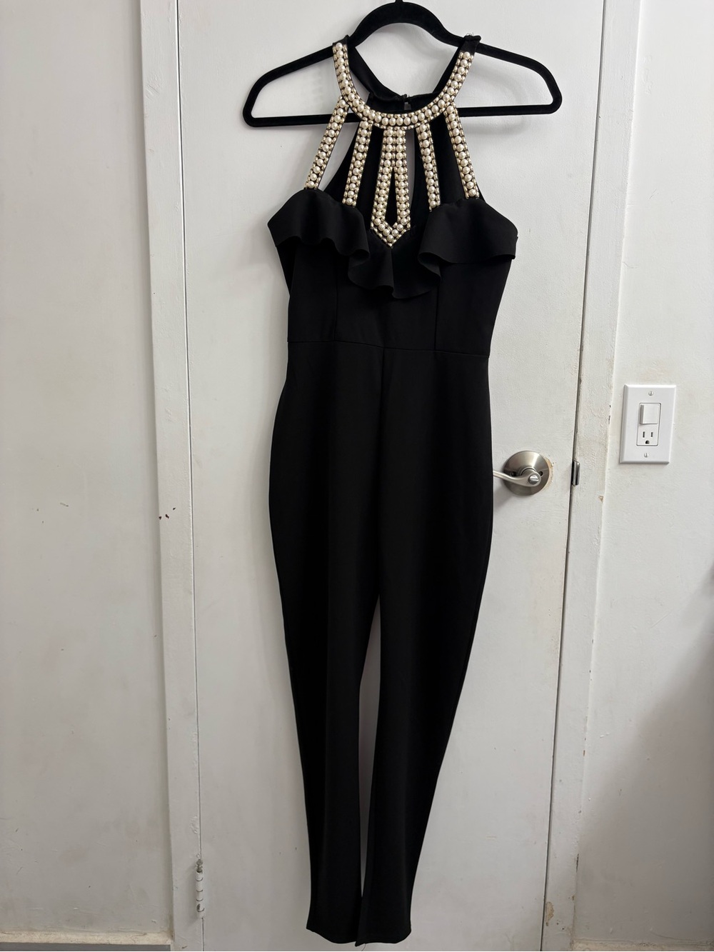 Boohoo Black Halter Jumpsuit with Pearl Neckline
